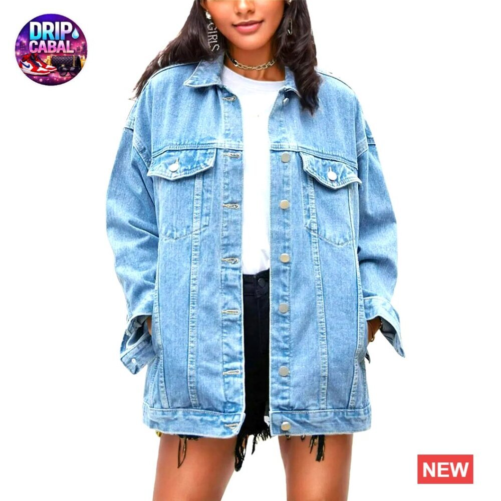 Oversized Denim Jacket Mid Long Biker Coat Classic Chic Y2K Retro
